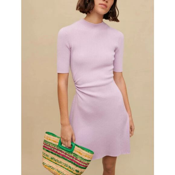 Maje Reine Dress Rib Knit Short Sleeve Mock Neck Fit and Flare Mini Light Purple - Picture 14 of 14